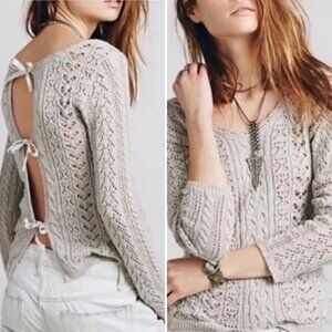 Free People Boho Crochet Tie Open Back S Top Stone Beige Tan Long Sleeves EUC